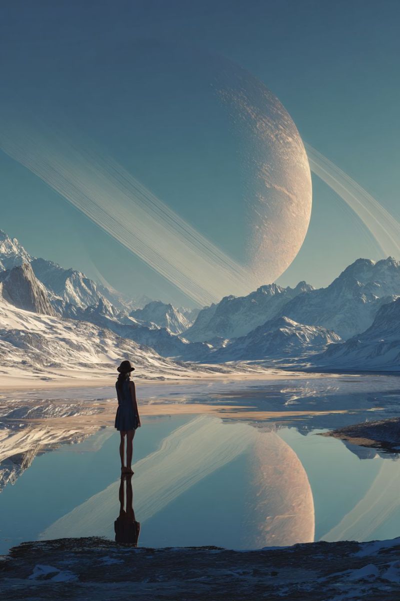 Planete espace montagne lac eau reflet ciel neige glace horizon nuage atmosphere anneau galaxie etoile univers cosmique celeste Une personne se tient sur un rivage rocheux, contemplant un vaste paysage glacé. En arrière-plan, une grande planète avec des anneaux proéminents est visible contre un ciel bleu clair. Les anneaux de la planète sont larges et complexes, projetant une douce lueur. Le reflet de la personne et celui de la planète se mirent dans l'eau calme, créant une scène sereine et expansive. Les montagnes au loin sont couvertes de neige, ajoutant à l'atmosphère froide et irréelle.