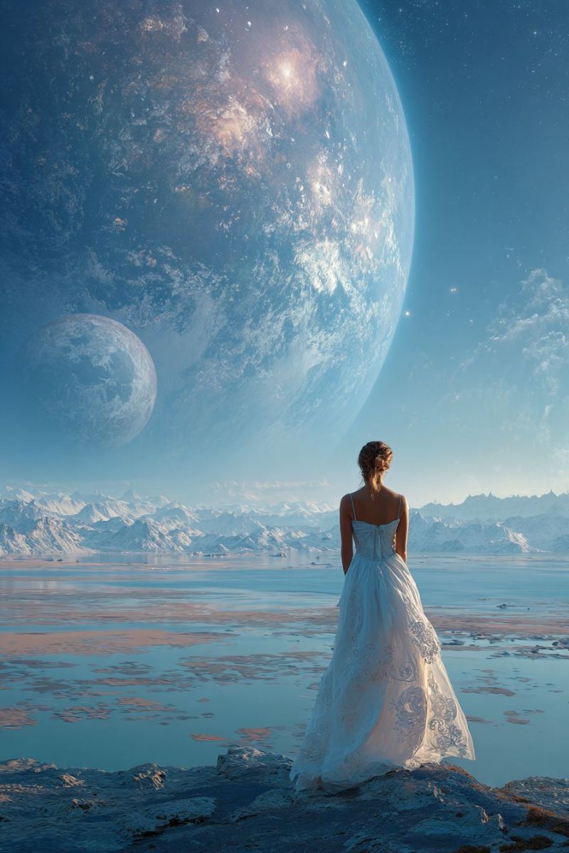 Planet space universe galaxy star cosmos astronomy celestial astrophysics cosmology nebula quasar supernova outer hole gravitational waves dark matter A woman in a white wedding dress stands on a rocky outcrop, gazing at a vast, glowing planet in the sky. The planet is surrounded by smaller moons, and the sky is a deep blue with scattered stars. The ground below is rocky and barren, with a large body of water reflecting the celestial bodies. The scene is set against a back of snow-capped mountains in the distance.