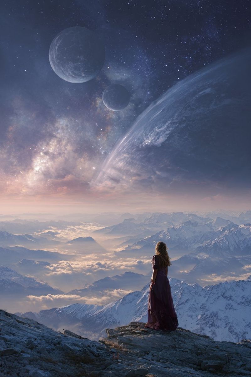 Mountain sky cloud space planet star universe night astronomy galaxy cosmos starry celestial outer A woman stands on a rocky mountain peak, gazing at the vast expanse of the night sky. She wears a long, flowing purple dress that billows slightly in the breeze. Below her, the landscape is a mix of rugged mountains and clouds, with a hint of dawn light on the horizon. In the sky, several planets and moons are visible, with a large planet dominating the scene. The sky is a deep blue, dotted with stars, and the Milky Way galaxy is faintly visible. The scene is serene and awe-inspiring, capturing the beauty of nature and the vastness of the universe.