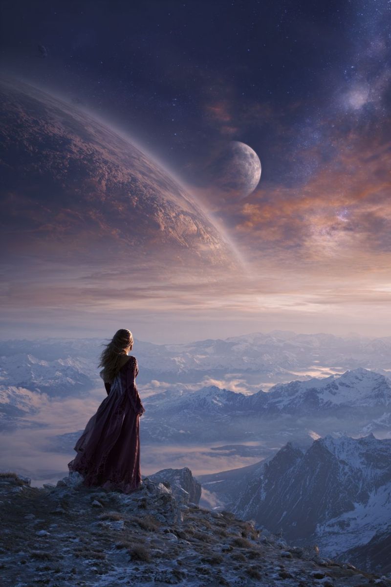 Mountain sky cloud planet space star night horizon atmosphere snow rock valley fog sunrise sunset reflection distance A woman stands on a rocky mountain peak, gazing at the vast expanse of the universe. Her long hair flows in the wind, and she wears a flowing maroon dress. The sky is a deep blue, dotted with stars, and a large planet with a moon is visible in the distance. The horizon is painted with hues of orange and pink, suggesting the setting sun. Snow-capped mountains stretch into the distance, and the ground is rocky with patches of snow.