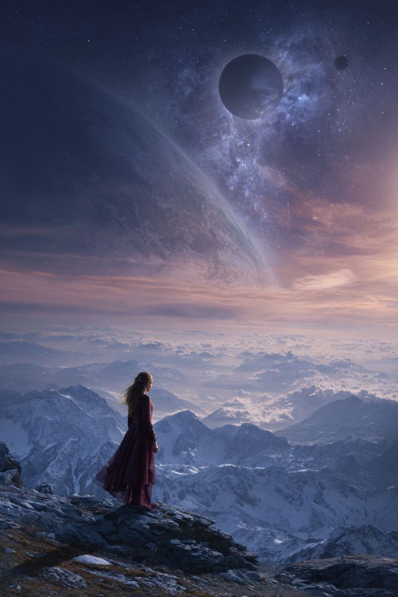 Mountain sky cloud planet space star universe night astronomy galaxy cosmos starry celestial outer exploration A woman stands on a rocky mountain peak, gazing at a breathtaking view of the cosmos. She wears a long, flowing maroon dress that billows gently in the breeze. Below her, the landscape is a vast expanse of snow-covered mountains, their peaks shrouded in mist. The sky above is a stunning blend of deep blues and purples, dotted with stars and illuminated by the soft glow of a setting sun. In the distance, a large planet and several moons are visible, adding to the surreal beauty of the scene.