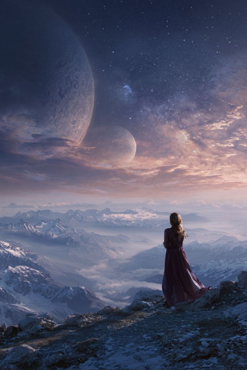 Mountain sky cloud space planet star night woman dress rock snow valley fog hill atmosphere astronomy celestial range outer A woman stands on a rocky mountain peak, gazing at the vast night sky filled with stars and celestial bodies. Her long hair flows in the wind, and she wears a flowing purple dress. Below her, the landscape is a mix of snow-covered mountains and clouds, with a distant horizon that hints at more mountains. In the sky, two large planets are visible, one with a bright glow, and a smaller moon nearby. The sky transitions from deep blue to lighter hues, suggesting the onset of dawn.