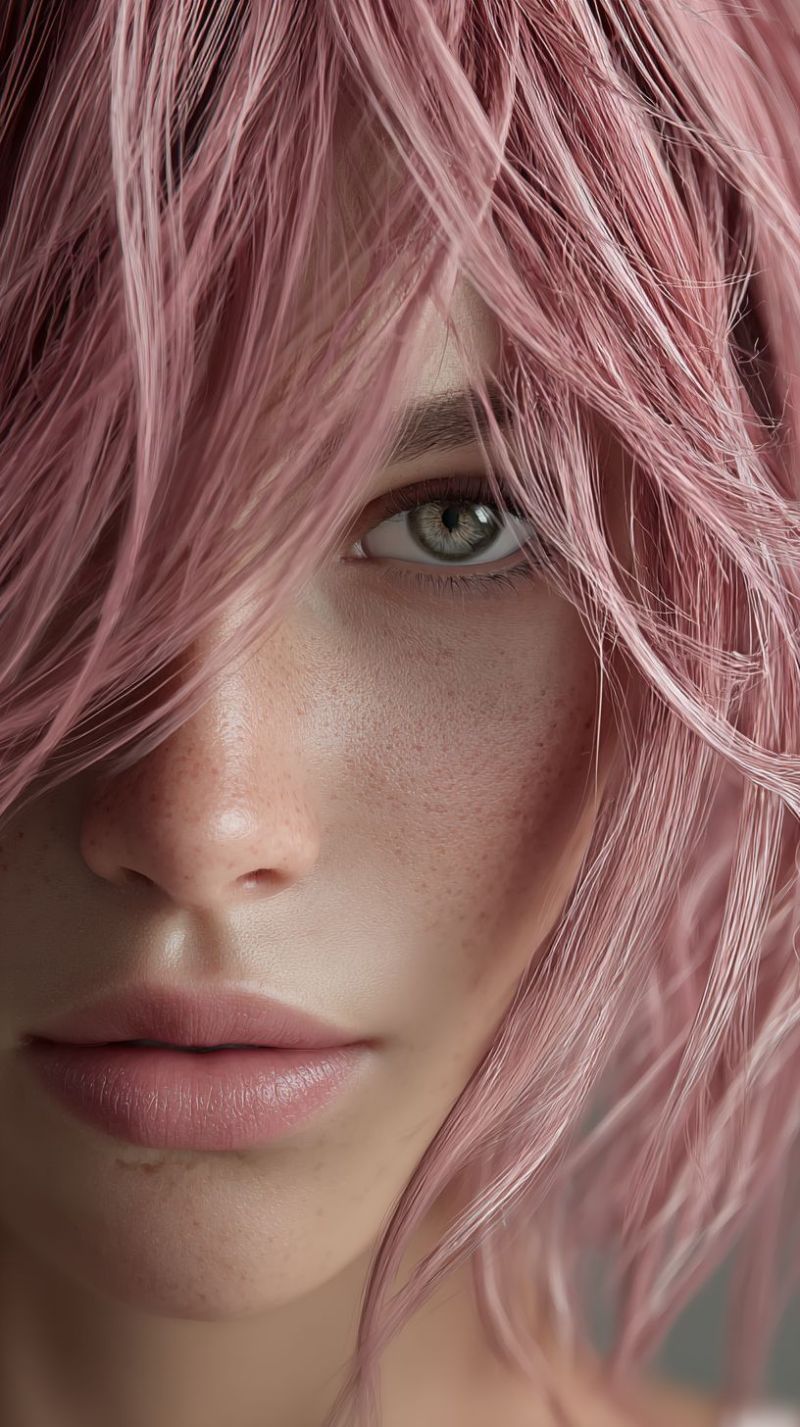 Visage rose oeil peau taches rousseur beaute mannequin maquillage Un portrait rapproché d'une femme aux cheveux roses. Ses cheveux sont coiffés en vagues lâches, tombant jusqu'à ses épaules. Elle a un teint clair avec des taches de rousseur visibles sur son nez et ses joues. Ses yeux sont en forme d'amande avec une iris brun clair et une pupille brun plus foncé. Ses lèvres sont roses et légèrement entrouvertes, laissant entrevoir une légère dent. L'arrière-plan est flou, concentrant l'attention sur son visage et ses cheveux.