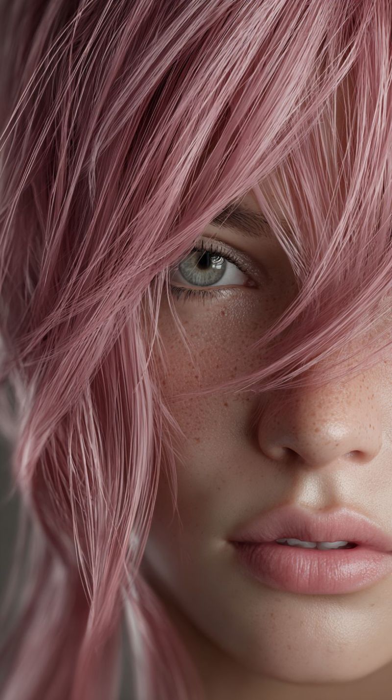 Hairstyle eye lips skin freckles beauty fashion makeup pink texture length A close-up portrait of a woman with long, wavy pink hair that falls over her face and shoulders. Her hair has a soft, pastel pink hue with a slight sheen. Her eyes are almond-shaped with long, dark lashes, and her irises are a light grayish-blue. She has a few freckles scattered across her nose and cheeks. Her lips are pink and slightly parted, revealing her teeth. The background is blurred, focusing attention on her face and hair.