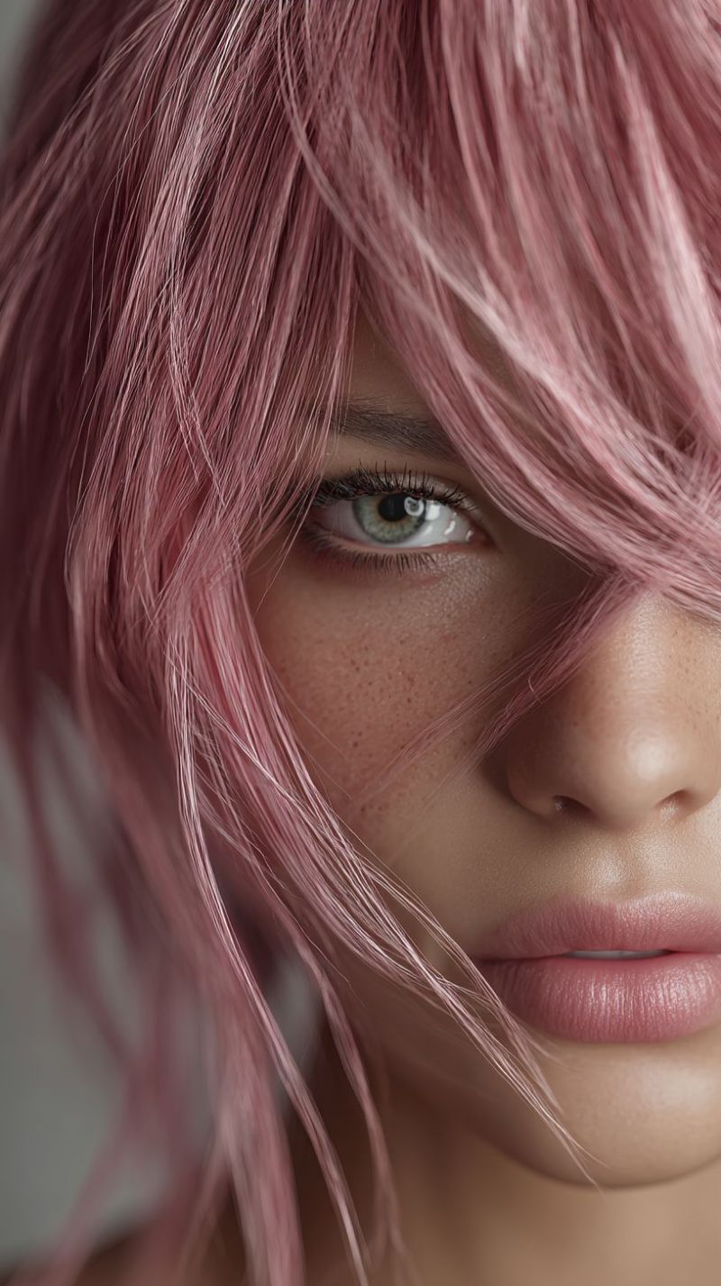 Eye lips skin makeup beauty fashion female headshot texture lighting expression A close-up portrait of a woman with long, wavy pink hair that covers most of her face. Her hair is styled with soft, natural waves and has a slight sheen, suggesting it is well-maintained. Her eyes are almond-shaped and a striking shade of green, with long, dark lashes. She has a few freckles on her cheeks and nose, adding a touch of natural beauty. Her lips are pink and slightly parted, revealing a hint of her teeth. The background is blurred, focusing attention on her face and hair.