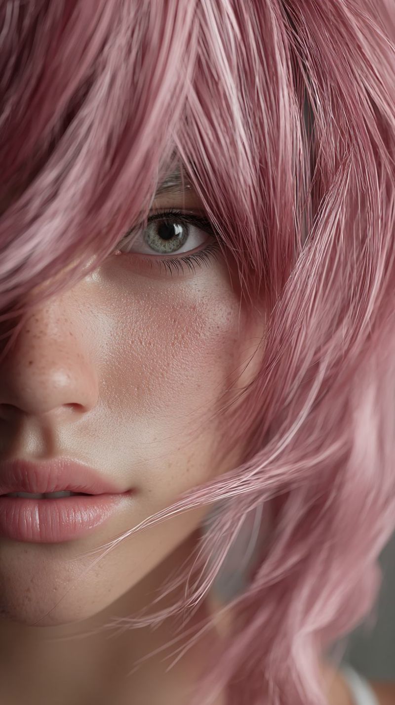 Lips eye skin woman pink beauty fashion makeup anime A close-up portrait of a woman with pink hair. The hair is styled in loose waves, falling around her face and shoulders. Her skin has a smooth, slightly pinkish tone with a few freckles scattered across her cheeks and forehead. Her eyes are almond-shaped with long, dark lashes, and her lips are pink and slightly parted. The background is blurred, focusing attention on her face and hair.