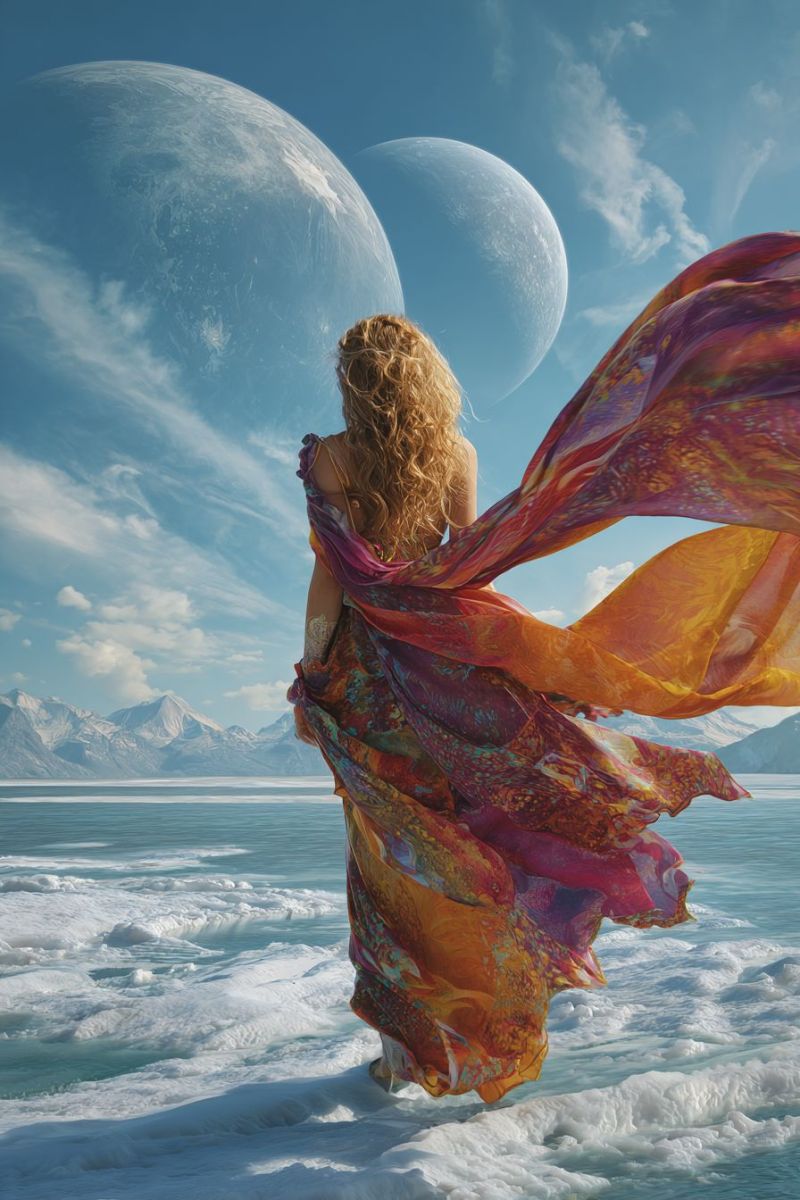 Femme robe ocean ciel lune planete eau montagne nuage mer echarpe dos reflet Une femme aux cheveux bouclés se tient sur une plage, le dos tourné, portant une robe fluide aux multiples couleurs qui flotte au vent. La robe présente des nuances de rose, d'orange et de violet. Elle est pieds nus, et sa robe touche le sol. La plage est couverte de neige, et l'eau est calme avec de petites vagues. Au loin, il y a deux grandes lunes lumineuses contre un ciel bleu parsemé de nuages. Dans le lointain, il y a des montagnes enneigées.
