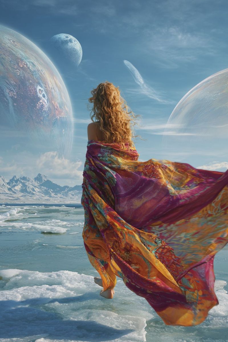Femme robe planete ciel espace fantaisie univers cosmos astronomie imagination exploration celeste etoile lune galaxie extraterrestre science fiction Une femme aux cheveux blonds bouclés se tient pieds nus sur un lac gelé, sa robe colorée et flottante s'envolant dans le vent. Elle regarde vers le ciel, où deux grandes planètes et une lune sont visibles. Le ciel est d'un bleu profond avec des nuages éparpillés. En arrière-plan, des montagnes enneigées ajoutent à l'atmosphère sereine et irréelle.