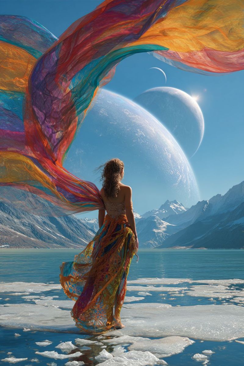 Woman dress water mountain sky planet moon ice lake ocean sea cloud sunset star space universe fantasy A woman stands barefoot on a frozen lake, her colorful, flowing dress billowing in the wind. She faces away from the viewer, looking towards a serene landscape. Behind her, two large planets are visible in the sky, one partially eclipsed by the other. The sky is a clear blue, and in the distance, snow-capped mountains rise against the horizon. The water reflects the sky and the distant mountains, adding to the tranquil atmosphere.