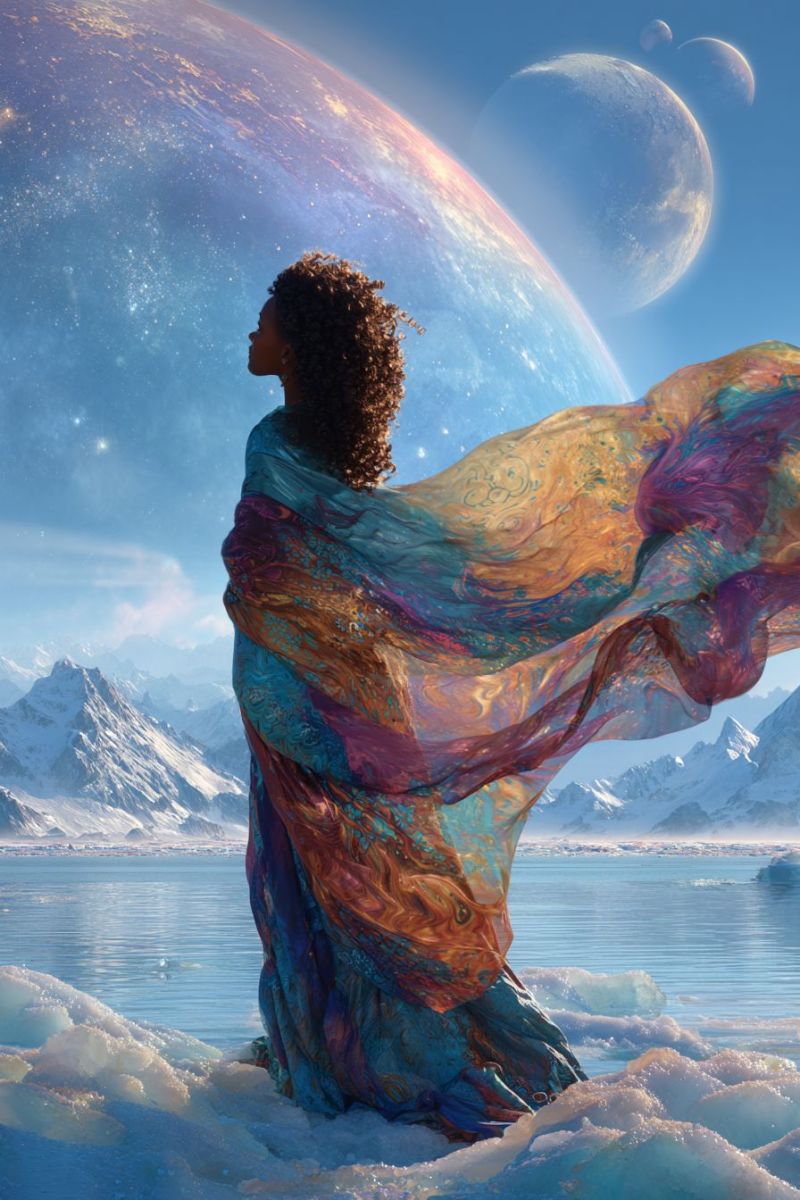 Woman dress scarf mountain water sky planet space universe star cloud ice snow reflection pattern texture fantasy imagination A woman with curly hair stands on a snowy landscape, her colorful, flowing dress billowing in the wind. She gazes up at a large, vibrant planet in the sky, surrounded by smaller moons. The sky is a deep blue, and the scene is set against a back of snow-covered mountains and a calm, blue body of water. The overall atmosphere is serene and otherworldly.