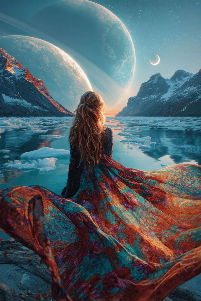 Woman dress mountain water sky planet moon night sea ice reflection sunset star cloud rock ocean space A woman with long, wavy hair stands on a rocky shore, her dress flowing dramatically in the wind. She wears a long, patterned dress with shades of blue, orange, and pink. The dress billows out behind her, almost touching the ground. She gazes out at a serene, icy body of water, with icebergs floating in the distance. Behind her, there are snow-capped mountains and a vast, otherworldly landscape. In the sky, two large planets are visible, one with a ring system, and a crescent moon adds to the celestial scene. The sky is a deep blue, dotted with stars.