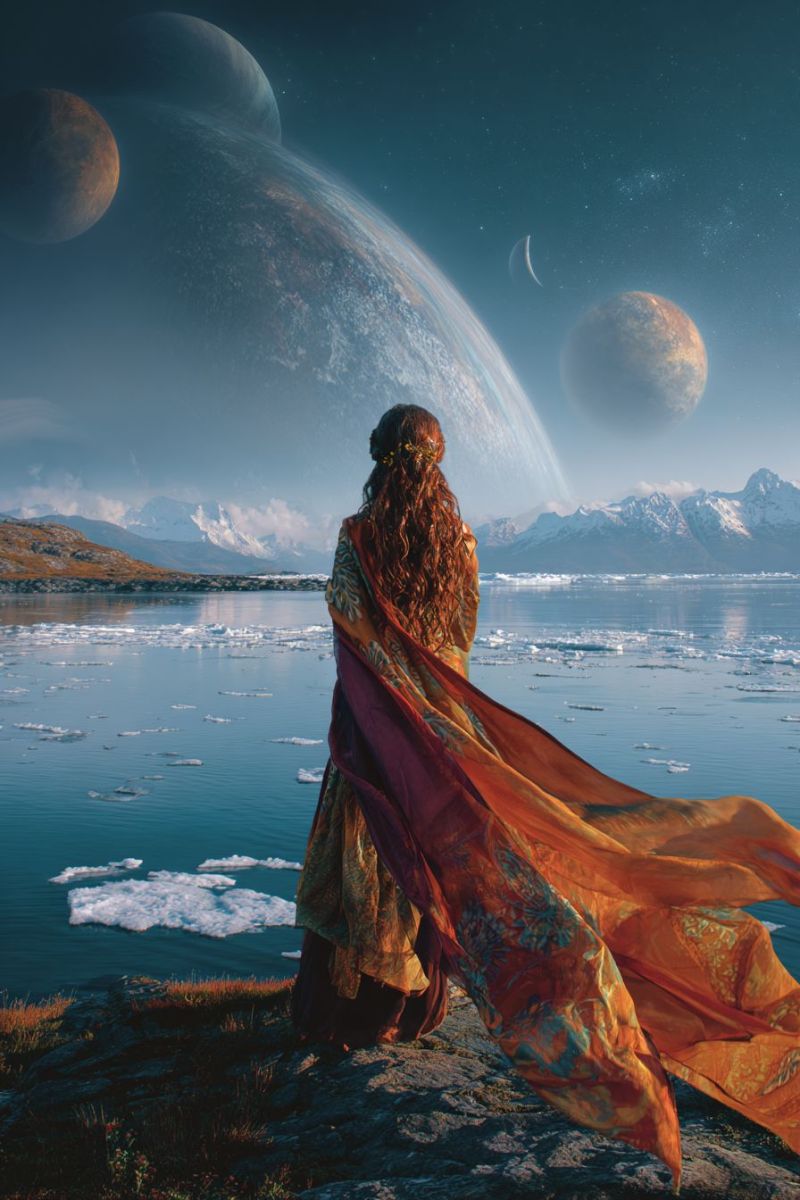 Femme lac montagne robe ciel planete eau glace reflet espace etoile nuage nuit univers galaxie asteroide celeste cosmique Une femme se tient sur une côte rocheuse, contemplant un plan d'eau serein. Sa robe fluide, ornée de motifs complexes, flotte dans la brise. Derrière elle, un vaste paysage se déploie avec des montagnes enneigées et un ciel bleu clair. Au loin, plusieurs planètes et lunes sont visibles, ajoutant un sentiment de merveille à la scène. L'eau reflète le ciel et les corps célestes, créant une atmosphère tranquille et surnaturelle.