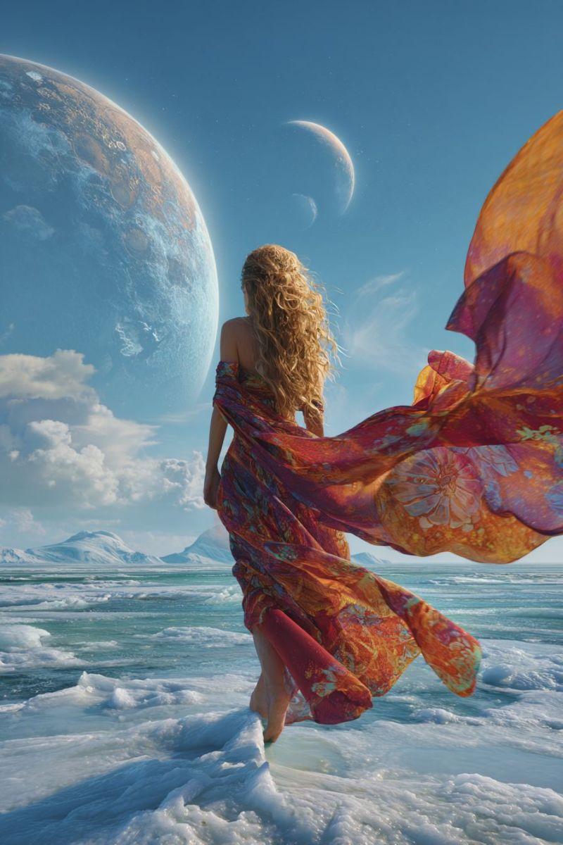 Woman dress ocean planet sky moon cloud water sea waves mountain ice sand sun shadow reflection texture pattern A woman with curly blonde hair stands barefoot on a beach, her dress flowing in the wind. The dress is a vibrant mix of orange, pink, and blue with floral patterns. She faces away from the camera, looking towards the horizon. Behind her, the sky is a deep blue with scattered clouds. In the distance, there are two large planets, one with a visible moon orbiting it. The ocean is calm, with gentle waves lapping at the shore. In the background, there are snow-capped mountains.