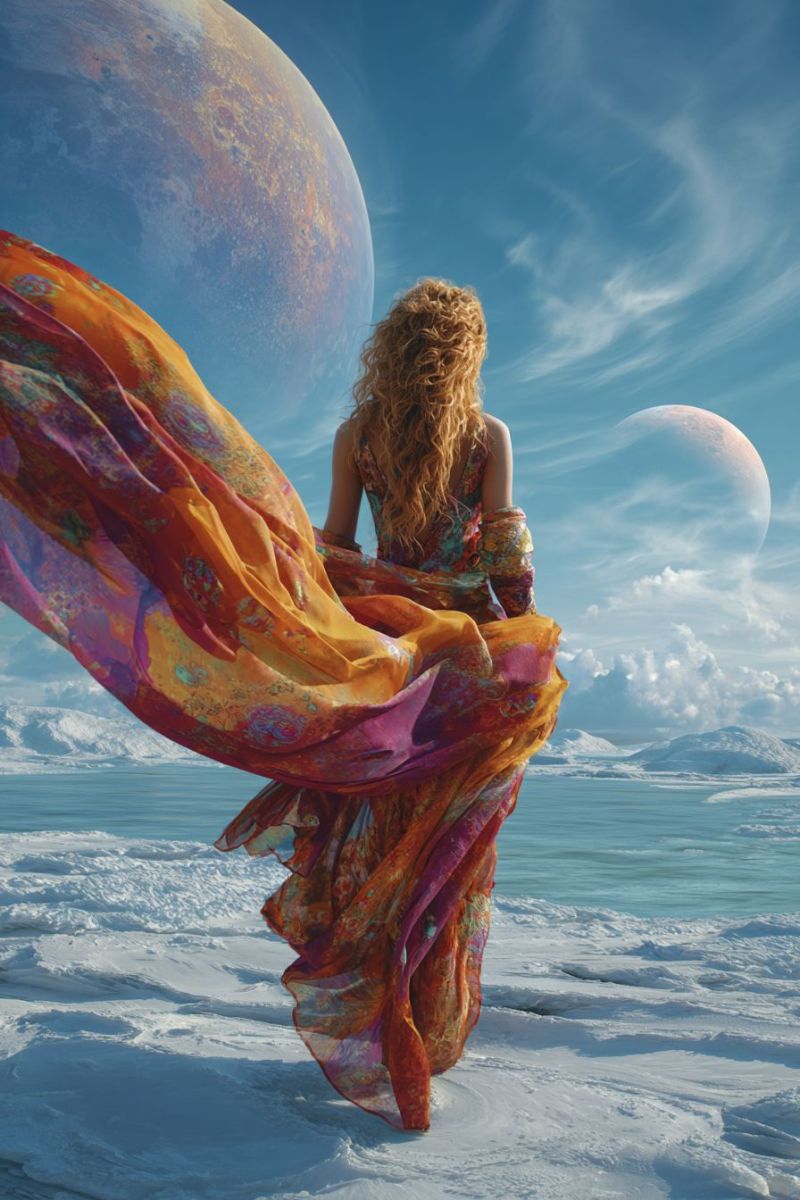 Woman dress scarf snow sky planet moon space fantasy imagination beauty colorful dream freedom inspiration exploration universe outer A woman with curly hair stands on a snowy landscape, her back turned. She wears a flowing, multicolored dress that billows in the wind. The dress features vibrant patterns in shades of orange, pink, and green. She gazes at two large planets in the sky, one with a reddish hue and the other with a bluish tint. The sky is blue with scattered clouds, and the ground is covered in snow.
