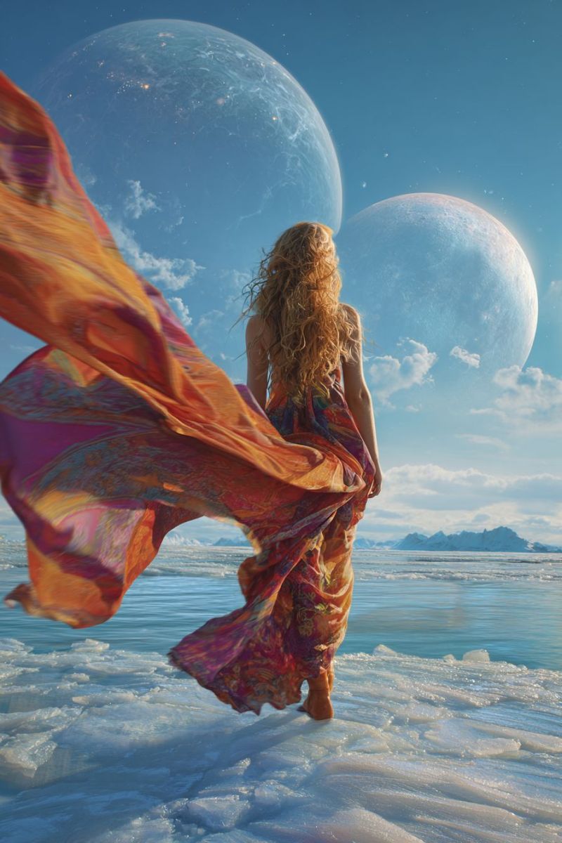 Woman dress sky planet moon cloud water ice snow mountain fantasy space universe celestial cosmic outer A woman with curly hair stands on a frozen lake, her dress flowing in the wind. She faces away from the camera, looking towards two large planets in the sky. The sky is blue with scattered clouds, and the planets are illuminated with a soft glow. The background features distant mountains and a serene, otherworldly atmosphere.