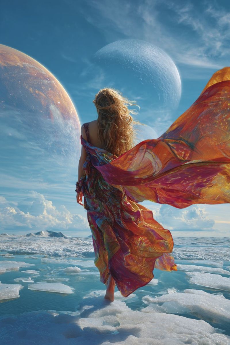 Femme robe ciel planete glace eau nuage fantaisie espace lune ocean coucher soleil reflexion reve beaute liberte inspiration imagination Une femme aux longs cheveux bouclés se tient sur une mer gelée, sa robe flottant dans le vent. Elle porte une robe colorée avec un mélange de teintes orange, rose et violet. La robe a un design ample et fluide qui s'étale derrière elle. L'arrière-plan présente deux grandes planètes, l'une avec une teinte bleue et l'autre avec une nuance rouge-orange. Le ciel est bleu avec des nuages éparpillés. La mer est couverte de glace, avec quelques taches d'eau visibles.