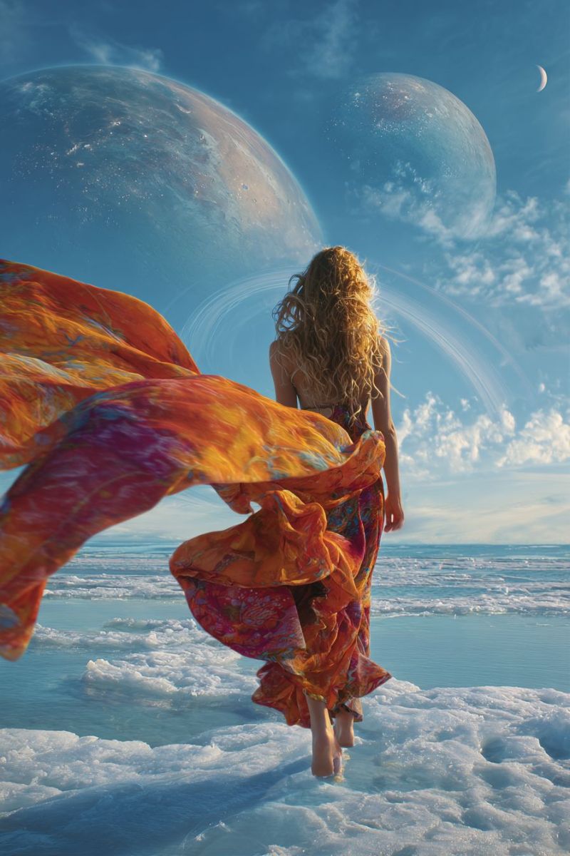 Woman dress beach sky planet moon cloud water ice scarf back foot shadow fantasy space universe A woman with long curly blonde hair stands barefoot on a frozen sea, her dress flowing dramatically behind her. She faces away from the camera, looking towards the horizon. The dress is a vibrant mix of orange, pink, and blue hues. The sea is covered with ice, and the sky above is a deep blue with scattered clouds. In the background, two large planets are visible, one with a visible moon, adding a surreal touch to the scene.