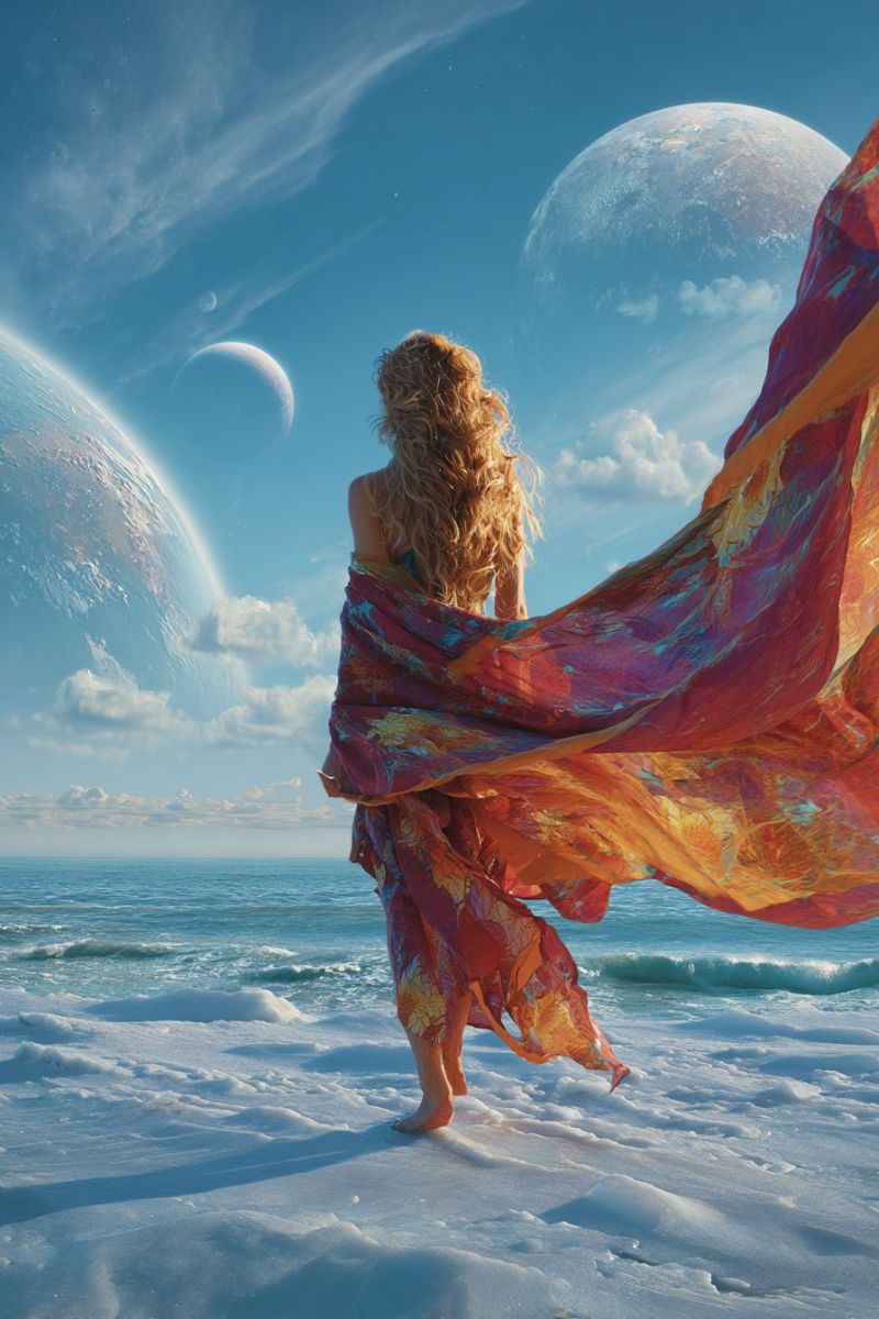 Woman beach scarf dress ocean sky planet moon clouds sand waves sunlight fantasy space universe A woman with curly blonde hair stands barefoot on a snowy beach, her back turned to the viewer. She wears a flowing, multicolored dress that billows in the wind, with shades of red, orange, and blue. The dress appears to be made of a lightweight, sheer fabric. The beach is surrounded by a vast ocean, and in the distance, two large planets are visible against a back of a blue sky with scattered clouds. The planets are illuminated by the sun, casting a warm glow on the scene.