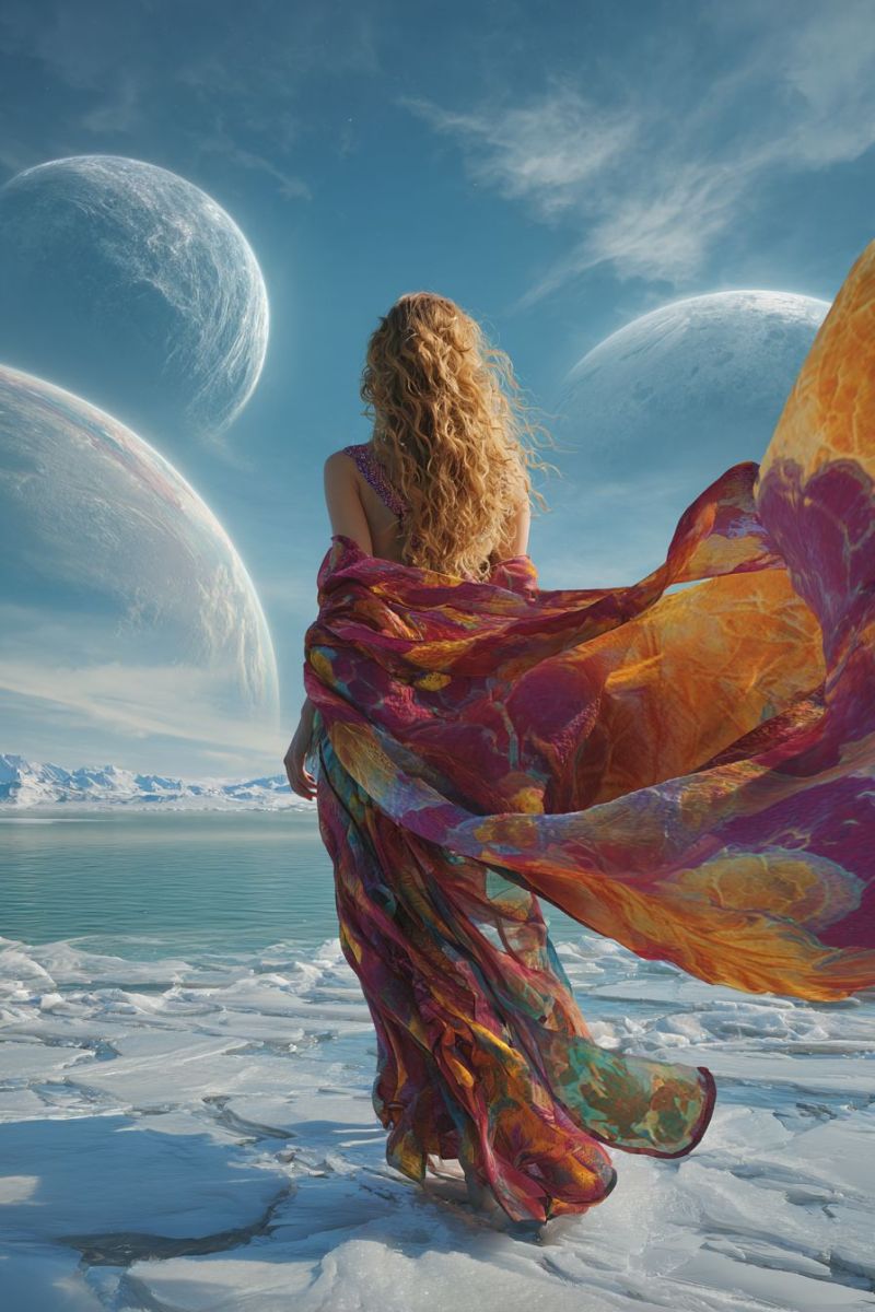 Woman dress fabric sky planet space ice ocean mountain cloud water reflection shadow texture pattern imagination fantasy A woman with curly blonde hair stands on a frozen landscape, her back turned. She wears a flowing, multicolored dress that billows in the wind. The dress features shades of pink, orange, and green. The sky above is blue with scattered clouds, and in the distance, three large, round planets are visible against the sky. The foreground shows a frozen sea with ice chunks and a distant mountain range.