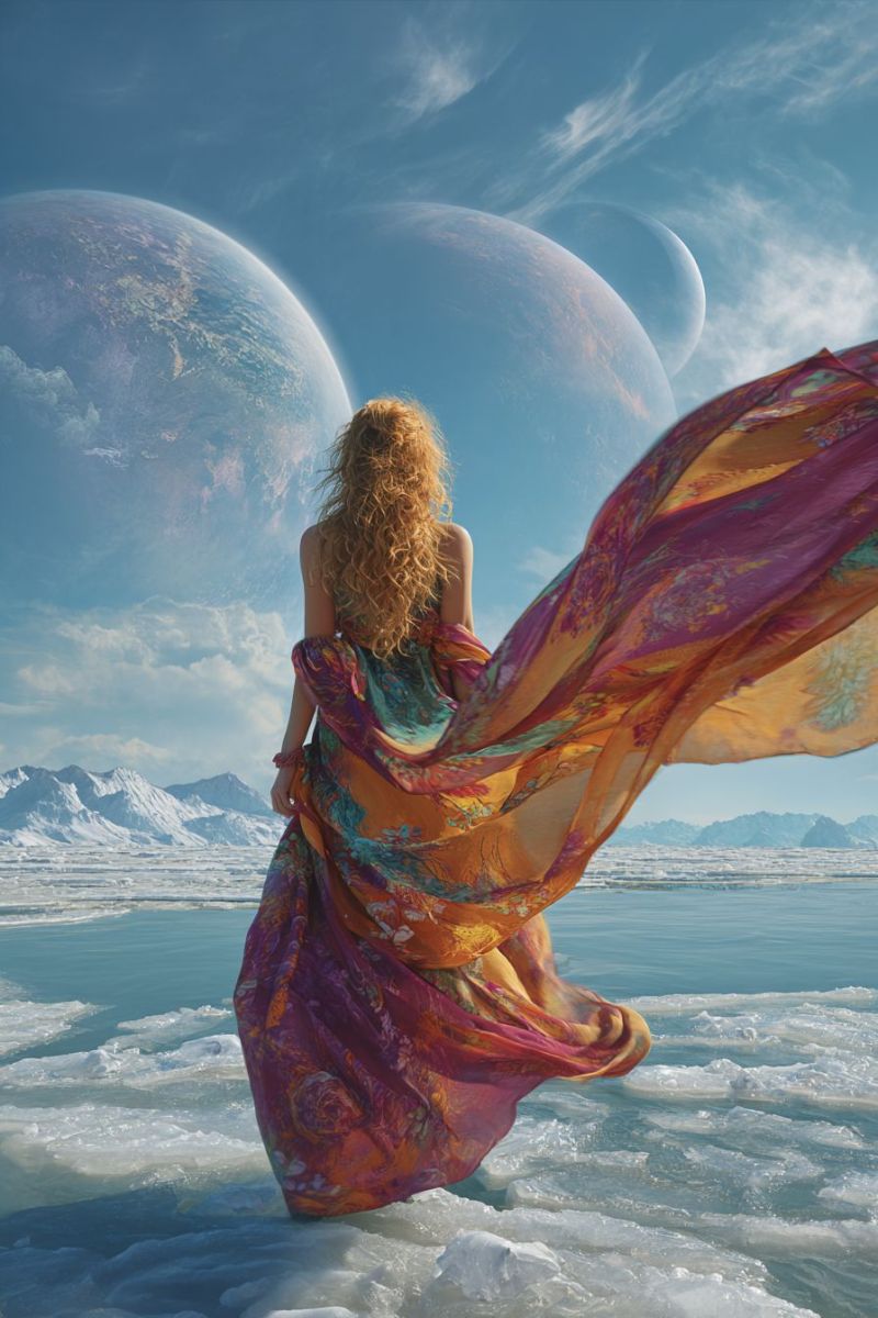 Woman dress fabric flowing water ice mountains planets sky clouds fantasy painting colorful imagination space A woman with curly blonde hair stands on a frozen lake, her back turned to the viewer. She wears a flowing, multicolored dress that billows in the wind. The dress features a mix of pink, orange, and green hues, with intricate patterns. The sky above is a deep blue with scattered clouds, and in the distance, three large, glowing planets are visible. The foreground shows a frozen landscape with ice chunks and a distant mountain range.