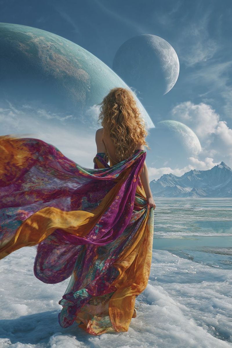 Femme robe planete ciel lune espace fantaisie fictionnel univers cosmos celeste astronomie etoile galaxie exploration imagination Une femme aux cheveux blonds bouclés se tient de dos dans un paysage enneigé. Elle porte une robe fluide aux multiples couleurs qui flotte au vent. La robe présente des nuances de violet, de jaune et de vert. En arrière-plan, trois grandes planètes sont visibles contre un ciel bleu parsemé de nuages. Les planètes sont illuminées par une lumière vive, possiblement celle du soleil. Au premier plan, on aperçoit une vaste étendue glacée avec une touche d'eau. La scène combine des éléments de fantaisie et de science-fiction.