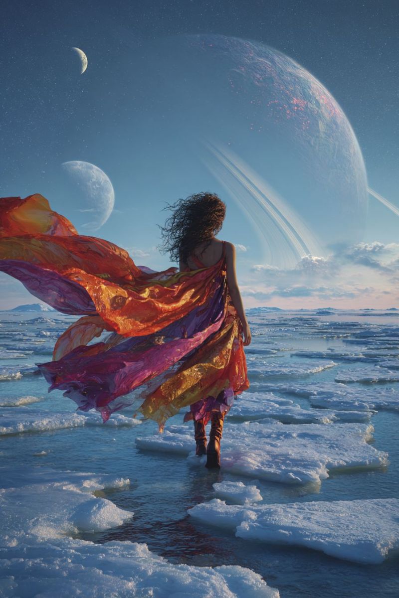 Femme robe eau glace ciel lune planete espace fantaisie imagination reve beaute nuit etoile univers cosmique Une femme aux cheveux bouclés se tient sur une mer gelée, sa robe colorée flottant dans le vent. Elle porte des bottes et regarde vers l'horizon. Derrière elle, une grande planète avec des anneaux et un croissant de lune est visible dans le ciel. La mer est couverte de glace, et le ciel est bleu avec des étoiles éparpillées.