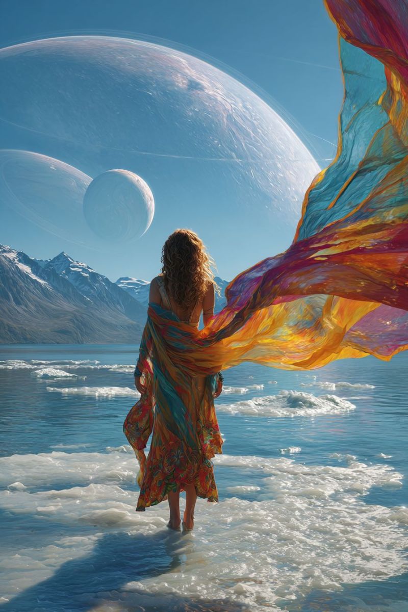 Femme robe eau ocean ciel planete lune montagne glace reflet nature espace univers fantaisie Une femme se tient dans l'eau peu profonde, sa robe flottant derrière elle, captant la lumière du soleil. Elle regarde vers une grande planète dans le ciel, entourée de lunes plus petites. L'eau est calme, avec de petits morceaux de glace flottant à la surface. En arrière-plan, il y a des montagnes enneigées sous un ciel bleu clair.