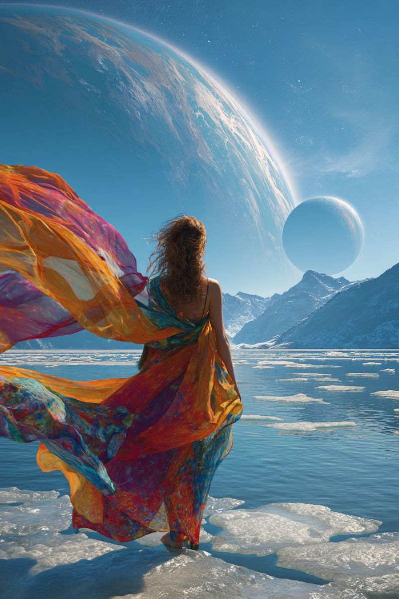 Woman dress planet sky mountain water ice ocean space star cloud reflection sunset nature beauty freedom exploration A woman stands barefoot on a frozen lake, her dress flowing dramatically in the wind. She wears a colorful, flowing dress with shades of orange, pink, and blue. Her hair is curly and falls freely. Behind her, a vast planet is visible in the sky, with a smaller planet in the distance. The sky is clear and blue, with scattered stars. In the background, there are snow-covered mountains.