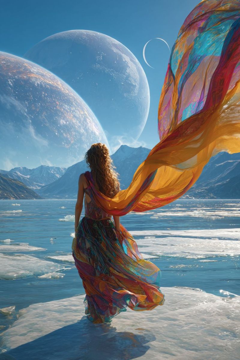 Femme robe eau montagne ciel planete lune glace ocean espace fantaisie science fiction futuriste extraterrestre cosmos Une femme aux cheveux bouclés se tient sur un lac gelé, sa robe colorée flottant derrière elle. Elle fait face à un ciel bleu serein avec deux grandes planètes et un croissant de lune au loin. Le décor comprend des montagnes majestueuses et une mer claire et calme. La scène est baignée d'une lumière douce et naturelle, créant une atmosphère paisible et irréelle.