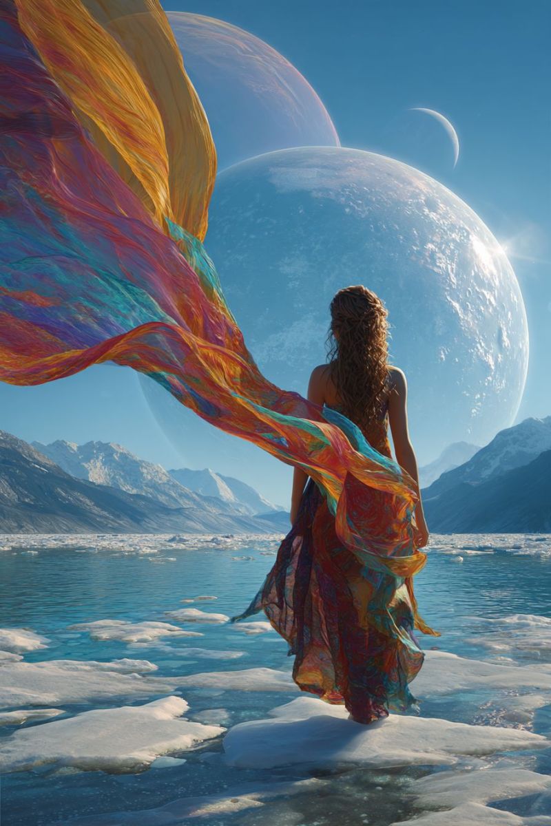 Woman dress water ice mountain sky planet moon space fantasy sci scifi concept A woman with curly hair stands on a frozen lake, her colorful dress flowing behind her. She gazes at a large planet in the sky, which is surrounded by a smaller moon. The sky is blue, and the sun's rays illuminate the scene. In the background, there are snow-covered mountains.