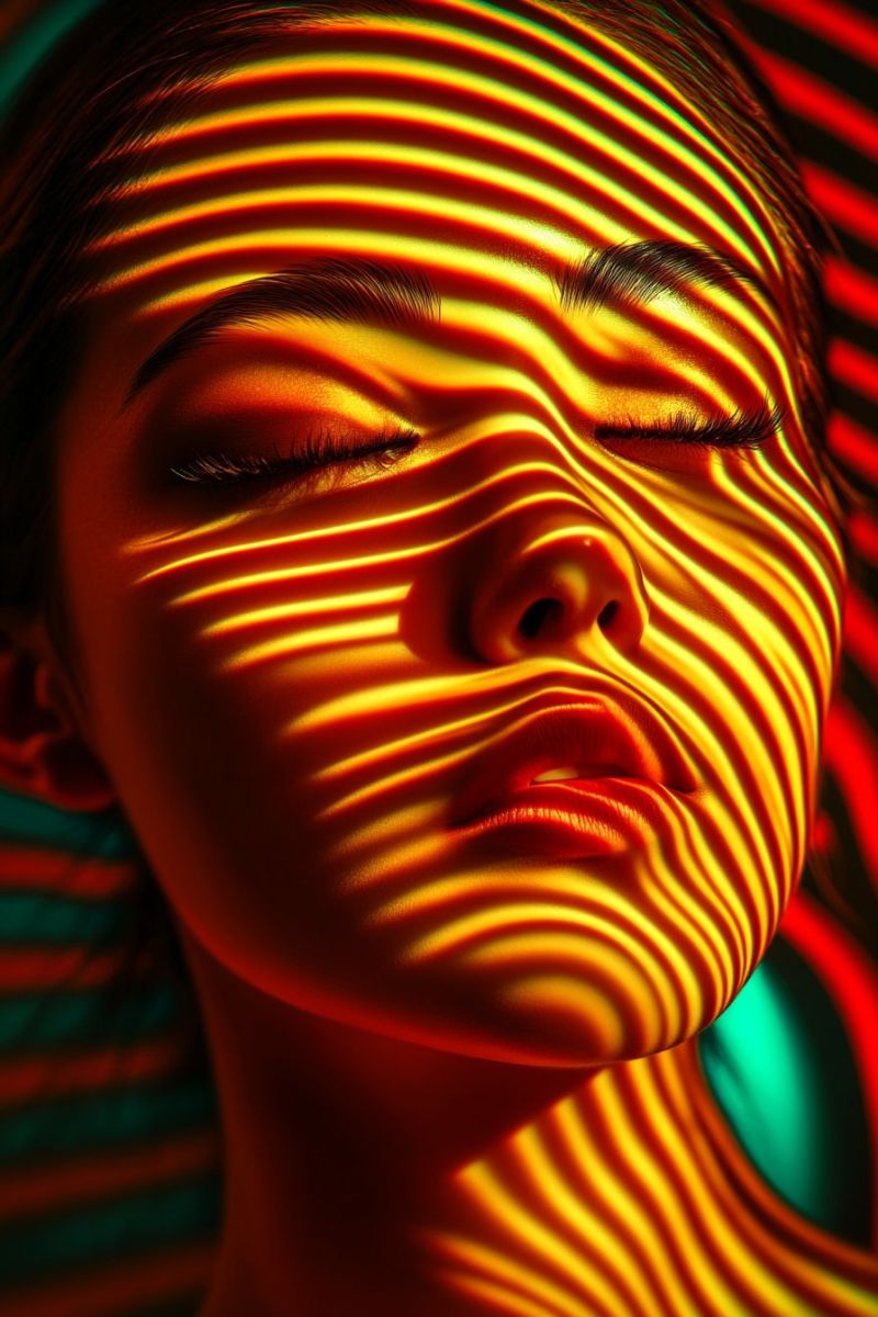 Shadow pattern texture red yellow green eye eyebrow nose mouth lips hair skin makeup A close-up portrait of a woman with her eyes closed, her face illuminated by a series of wavy, overlapping stripes of light in shades of yellow, orange, and red. The light creates a dynamic, almost abstract pattern across her face, highlighting her features in a surreal manner. Her skin appears smooth and reflective, with the light casting a warm glow. The background is a mix of vibrant red and green colors, adding to the overall vivid and artistic composition.