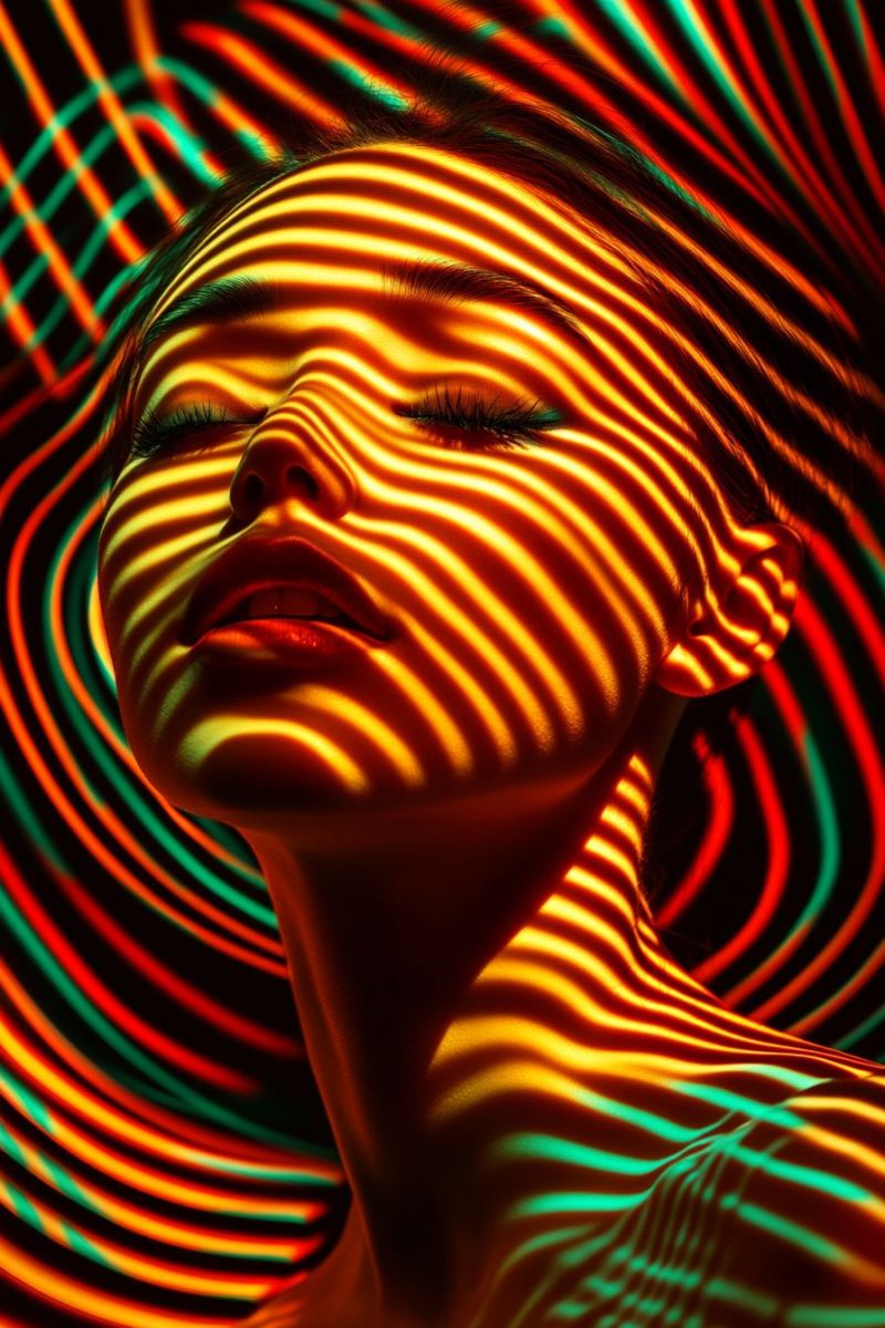 Woman shadow pattern red green yellow eye eyelash lips hair skin texture A woman's face is illuminated with vibrant, wavy lines of red, yellow, and green light, creating a dynamic and abstract effect. Her eyes are closed, and her lips are slightly parted, giving a serene and contemplative expression. The background is a swirling pattern of multicolored lines, adding to the artistic and surreal quality of the image.