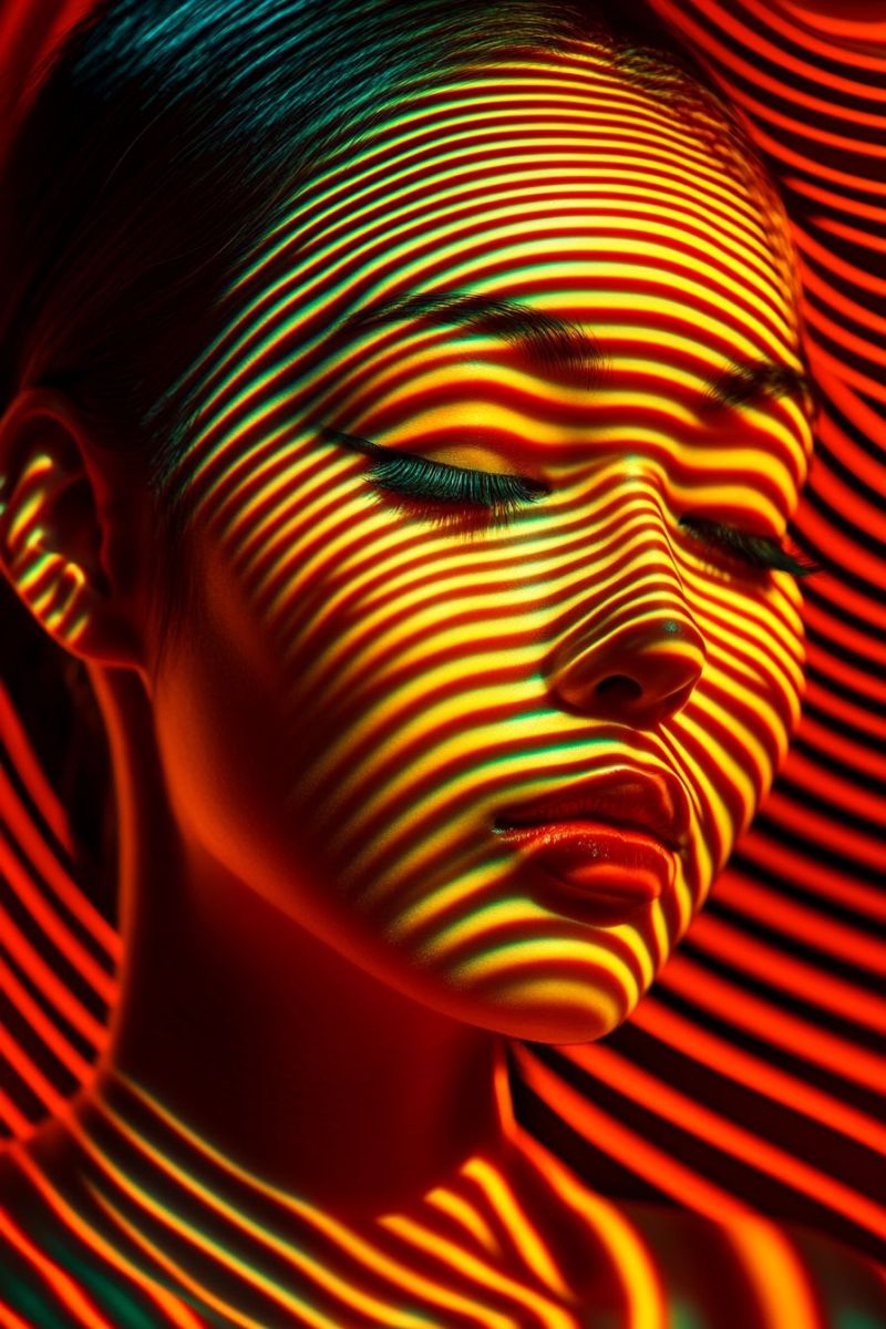 Woman red yellow pattern stripes eye eyelash eyebrow lips nose cheek skin hair texture A close-up portrait of a woman with her eyes closed, her face illuminated by vibrant red and yellow stripes. Her skin appears smooth and glowing, with a slight sheen. Her lips are slightly parted, and her eyelashes are long and dark. The background is a swirling pattern of red and yellow stripes, creating a dynamic and abstract effect. The overall image has a surreal and artistic quality, with a focus on the interplay of light and shadow on the woman's face.