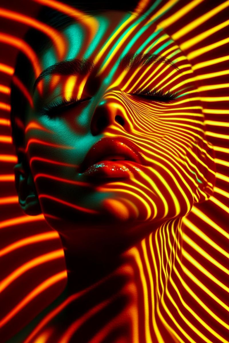Woman red yellow green shadow eye lips hair makeup beauty fashion pattern design A close-up portrait of a woman's face with her eyes closed, illuminated by vibrant, swirling patterns of red, yellow, and green light. The light creates a dynamic, almost abstract effect on her face, highlighting her features in a surreal manner. Her lips are painted in a bold red color, and her eyelashes are long and dark. The background is a mix of these vibrant colors, creating a visually striking and artistic composition.