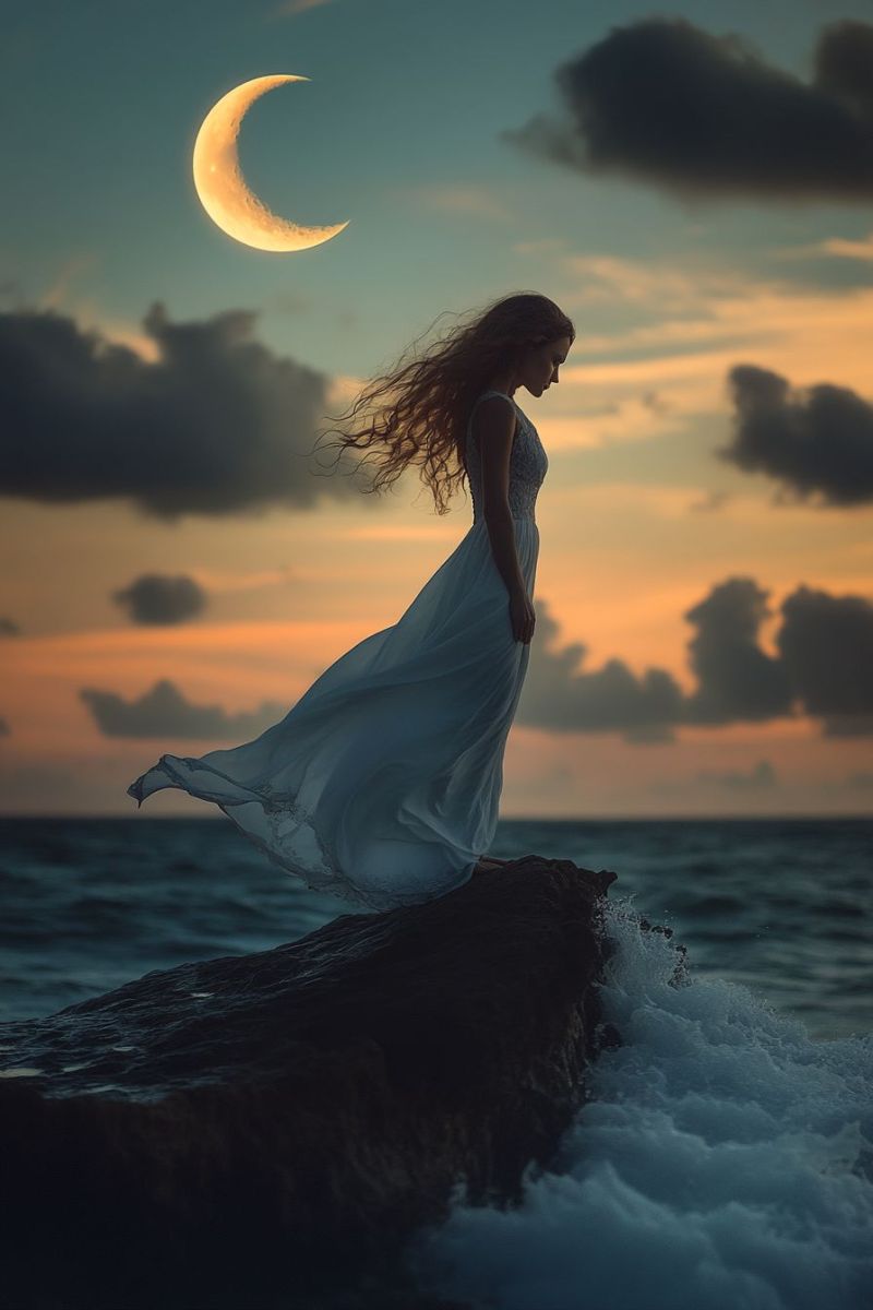 Lunaire feminine crescente lune soiree ciel falaise cotiere mer romantique maritime coucher soleil nuages rivage isole humaine C'est une œuvre d'art numérique présentant quatre vitraux en verre coloré, chacun représentant une femme différente. Le style est réaliste avec une qualité stylisée et presque tridimensionnelle pour les figures et les fonds. Dans le coin supérieur gauche, il y a une femme aux cheveux blondes, vêtue d'un bleu éthéréal, avec un luth en main et qui semble chanter ou jouer de la musique. Le coin supérieur droit montre une femme aux cheveux rouges, habillée en blanc avec un halo autour la tête, ce qui peut indiquer qu'elle représente une sainte ou une divinité. Son attitude est celle de paix et de calme. Dans le coin inférieur gauche, il y a une femme aux longues chevelures rouges, vêtue d'un bleu blanc qui se déversant autour d'elle. Elle tient également un instrument, ce qui contribue à son thème musical. Le coin inférieur droit présente une autre femme aux cheveux blondes, habillée en blanc et ayant un halo. Son expression est celle de réflexion ou de prière. Toutes les femmes sont disposées contre des fonds représentant différents types d'art verrier coloré : le bleu pour l'eau, les rouges et les pourpres pour le feu et la passion, et les vertes pour la nature. Les vitraux semblent faire partie d'un cadre élaboré avec des motifs décoratifs. L'image ne contient pas de texte ou d'autres graphismes pour fournir un contexte ou des informations au-delà de ce qui est visuellement démontré.