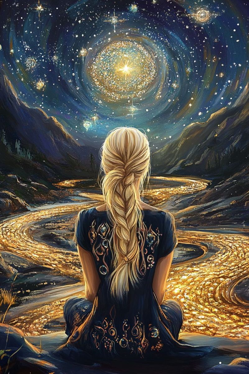 Fantasy sci starry night woman blonde hair nature scenery cosmic spiritual imagery female meditative gold rush serene and mystical scene. young woman with long blonde hair, seated on a rocky outcrop overlooking a winding river. She is looking towards the right side of the image with an expression that could be interpreted as contemplative or possibly waiting for something. The sky behind her is a deep blue, dotted with numerous stars and illuminated by what appears to be a nebula, adding to the otherworldly atmosphere. In the foreground, there is a path leading towards her that seems to originate from the viewer's perspective. The background reveals a lush landscape with mountains under a star-filled sky. A golden light emanates from the base of the mountain, suggesting either a sunrise or sunset, and possibly indicating a place of great importance or significance. The woman is wearing a dark top with what appears to be golden accents, blending well with the golden light in the background. She has a piece of amber jewelry around her neck, which stands out against her dark attire. The overall color palette of the image is dominated by cool blues and warm golds, creating a stark contrast that adds depth and dimension to the scene. The artwork style leans towards fantasy or surrealism due to the combination of natural elements with more abstract and celestial aspects. There is no text present in the image. The composition, color scheme, and lighting all contribute to a sense of wonder and introspection.