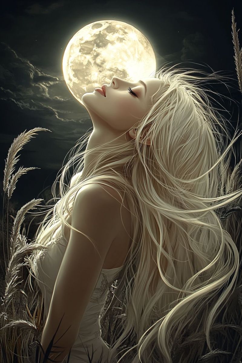 Woman moon night fantasy beauty hair dream eyes hairstyle blonde moonlight clouds blowing A woman with long, flowing blonde hair is standing in a field of tall grass under a bright, full moon. She is looking up at the moon, her eyes closed, and her lips slightly parted. The moon is large and illuminated, casting a soft glow on her face and hair. The background is dark, with clouds partially covering the moon. The woman is wearing a white sleeveless top.