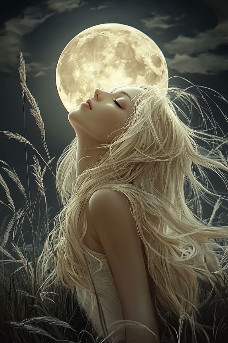 Moon woman night fantasy dream beauty hair clouds grass moonlight nature imagination starry sky A woman with long, flowing blonde hair is lying on the ground, her eyes closed, and her head tilted upward. She appears to be gazing at a full moon in the night sky, which is illuminated by a soft, warm glow. The moon is surrounded by wispy clouds, and the sky is dark, with only the moon's light illuminating the scene. The woman's hair is blowing in the wind, and she is wearing a white dress that flows around her. The ground is covered in tall, dry grass, and the overall mood of the image is serene and peaceful.