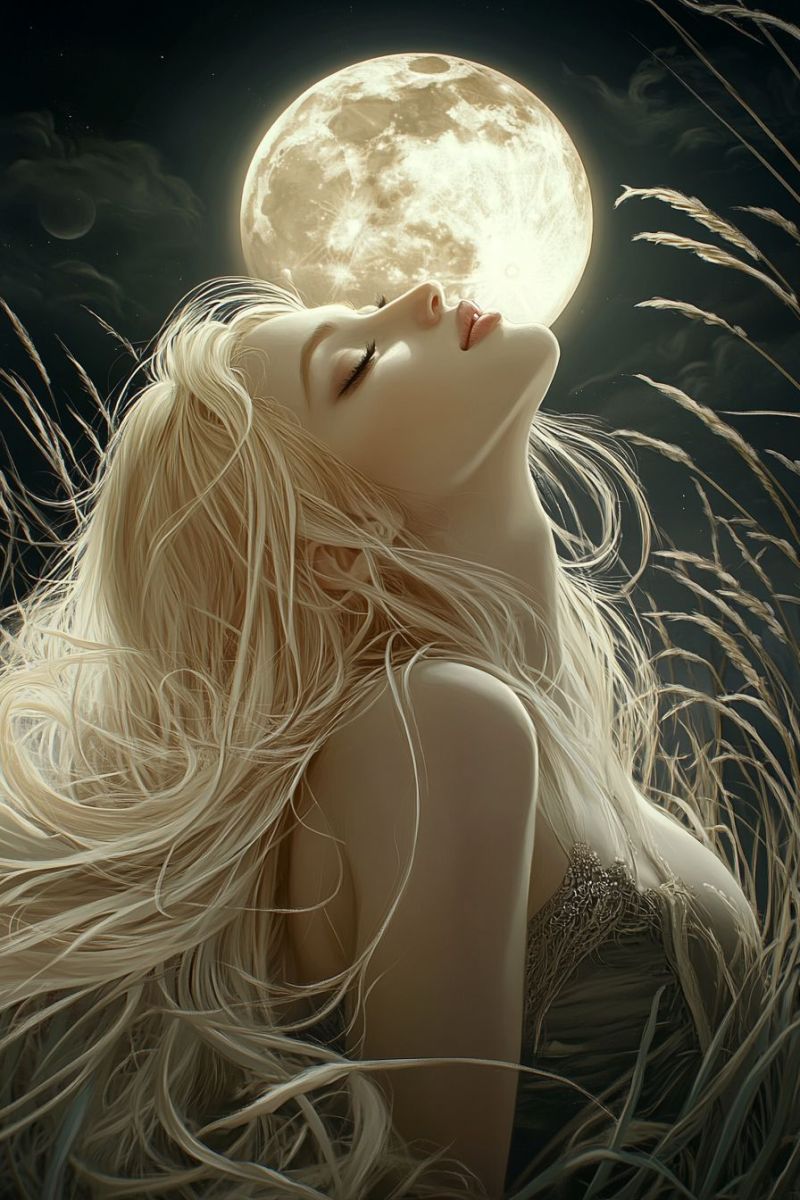Woman moon night dream fantasy beauty hair eyes sleep star cloud shadow grass nature A woman with long, flowing blonde hair lies on a bed of tall, golden grass under a night sky. Her eyes are closed, and she appears to be gazing upward at a full moon that is almost touching her forehead. The moon is bright and full, casting a soft glow on her face and the surrounding grass. The sky is dark, with a few stars visible, and the overall scene has a serene and mystical quality.