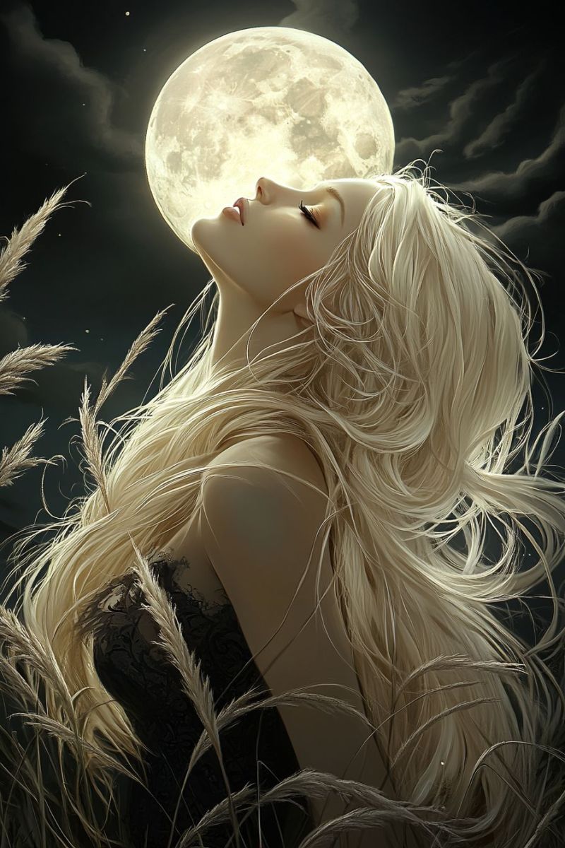 Woman moon night hair beauty fantasy dream painting imagination inspiration elegance mystique ethereal serene A woman with long, flowing blonde hair is lying on the ground, gazing up at a full moon in the night sky. Her hair is blowing gently in the breeze, and she is wearing a black sleeveless top. The moon is bright and full, casting a soft glow on the woman and the tall grass around her. The sky is dark, with a few stars visible, and the overall mood is serene and peaceful.
