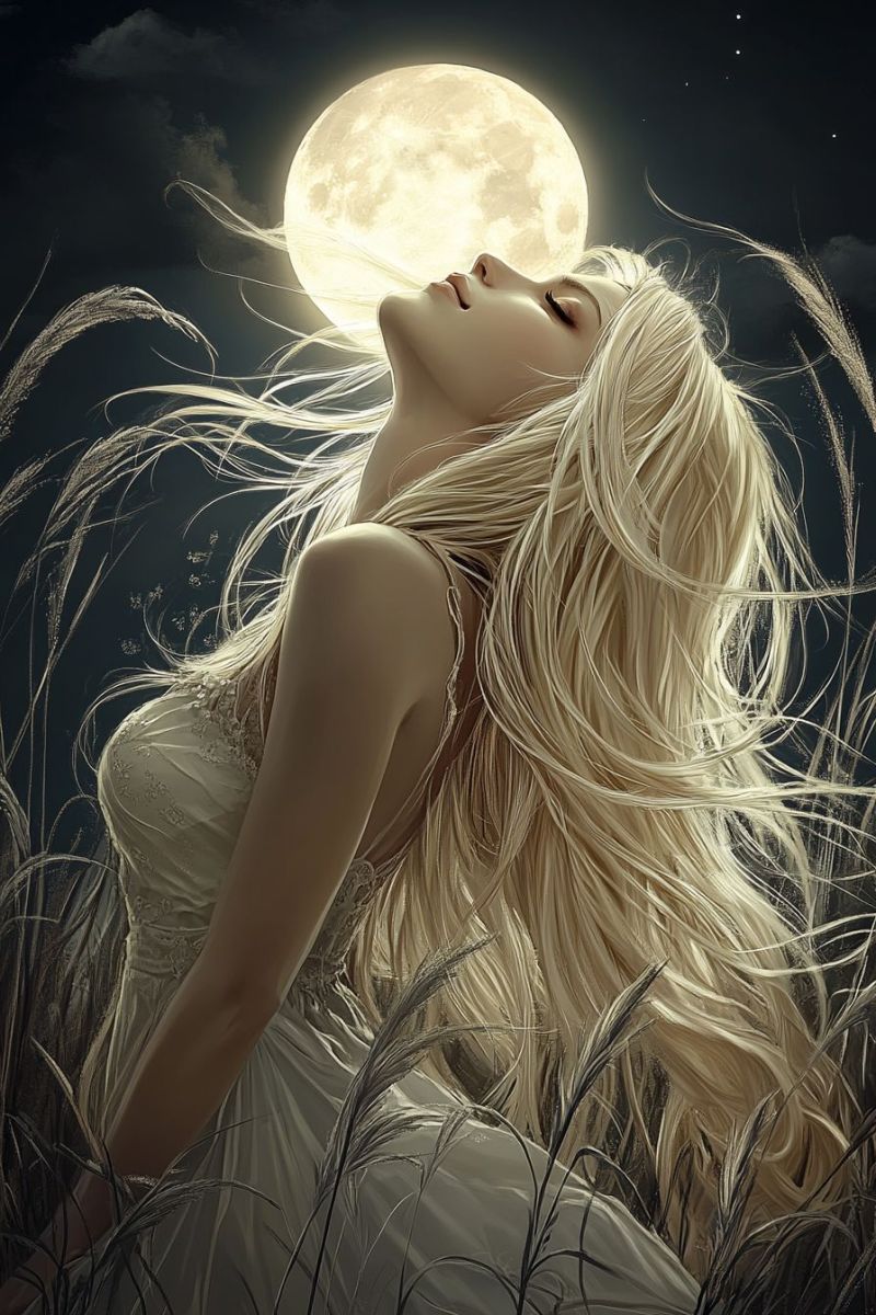 Woman moon night hair beauty fantasy dream painting realism star cloud sky grass A woman with long, flowing blonde hair is lying on the ground, her eyes closed, and her head tilted upward. She is wearing a white dress with intricate designs. The moon is full and bright, shining down on her, and it is surrounded by a dark sky with a few stars. The ground is covered with tall, dry grass.