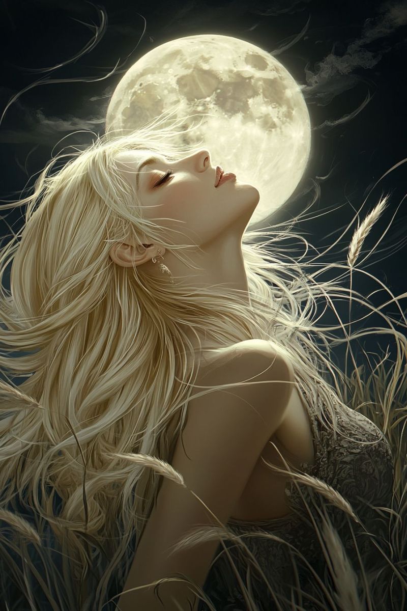 Woman moon night hair beauty fantasy dream painting imagination inspiration elegance mystique ethereal serene A woman with long, flowing blonde hair is lying on the ground, her head tilted upward towards a full moon. Her hair is blowing in the wind, and she is wearing a sleeveless dress. The moon is bright and full, casting a soft glow on her face and the surrounding area. The background is dark, with some clouds and a hint of a starry sky.