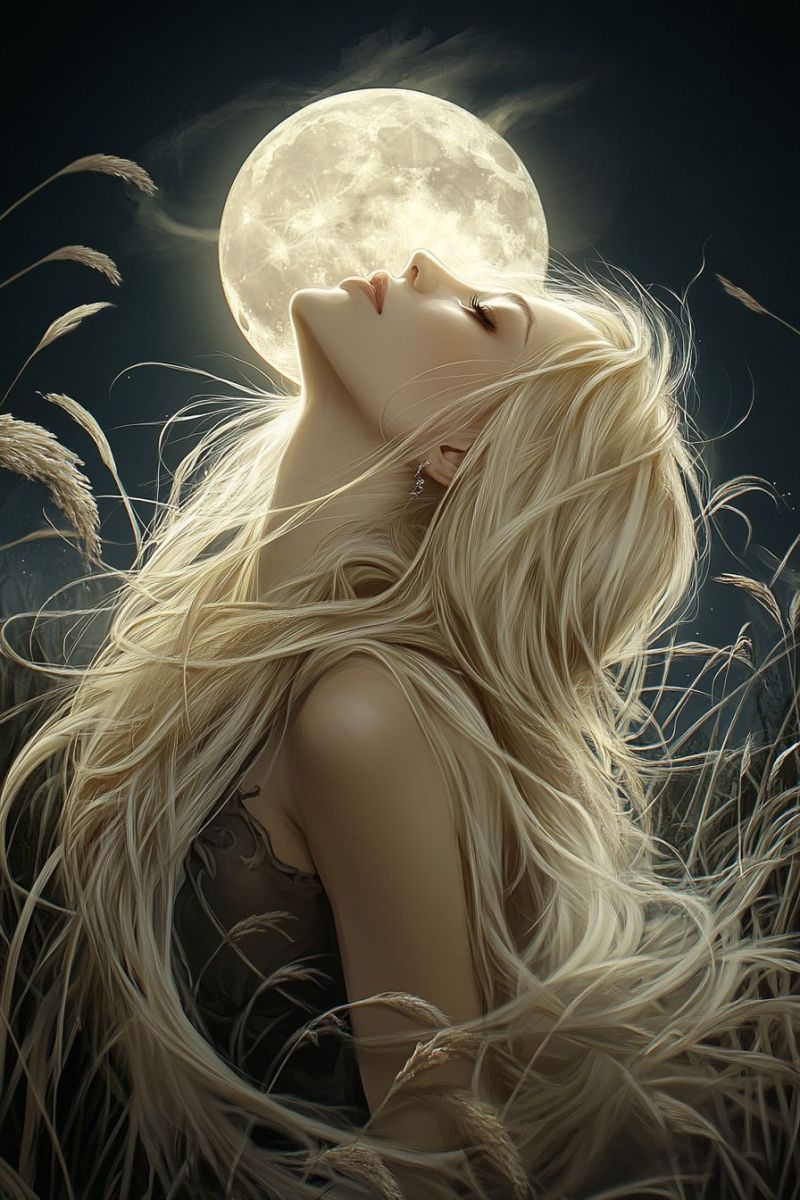 Woman moon night hair beauty fantasy dream painting imagination inspiration inspirational quote A woman with long, flowing blonde hair lies on the ground, her face turned upward towards a bright full moon. Her eyes are closed, and her lips are slightly parted, giving an impression of peacefulness and serenity. The moon is large and luminous, casting a soft glow on her face and hair. The background is dark, with tall, wispy grass surrounding her. The scene is tranquil and dreamlike, with a sense of calm and quiet.