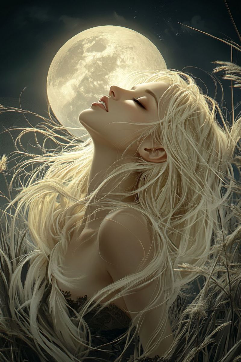 Woman moon night hair beauty fantasy dream A woman with long, flowing blonde hair lies on the ground, her eyes closed, and her face turned upward towards a full moon. The moon is large and bright, casting a soft glow on her face and hair. She wears a black lace garment that covers her chest and shoulders. The background is dark, with tall grass and plants surrounding her. The image has a dreamy and ethereal quality, with a focus on the woman's serene expression and the moon's gentle light.