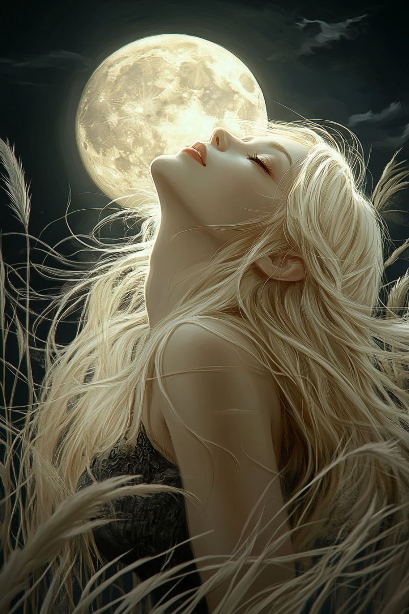 Woman moon night fantasy beauty hair eyes dream dark clouds space star glow imagination A woman with long, flowing blonde hair is gazing up at a full moon in the night sky. Her hair is blowing gently in the breeze, and she appears to be in a serene and contemplative mood. The moon is bright and full, casting a soft glow on the woman's face and hair. The background is dark, with a few wispy clouds scattered throughout. The overall mood of the image is peaceful and dreamy.