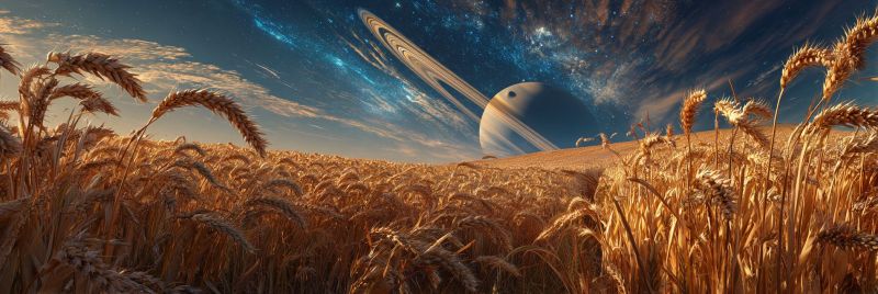 Champ ble grain nature ciel planete astronomie cosmos univers celeste galaxie nuit etoilee coucher soleil horizon imagination espace Au premier plan, il y a un vaste champ de blé doré, avec des tiges qui ondulent doucement dans la brise. Le blé est haut et dense, couvrant tout le premier plan. Le ciel au-dessus est d'un bleu profond, parsemé d'étoiles et d'une grande planète lumineuse. La planète a un système d'anneaux autour d'elle, similaire à Saturne, et elle est éclairée par une lumière chaude et dorée. Le champ de blé s'étend jusqu'à l'horizon, créant un sentiment de vastitude et de tranquillité. La scène est paisible et sereine, avec la planète et les étoiles ajoutant un sentiment de merveille et de mystère.
