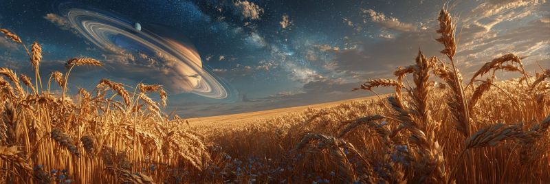 Champ ble ciel planete espace astronomie cosmos univers etoile nuit nuages coucher soleil horizon nature grain recolte agriculture rural campagne Au premier plan, il y a un vaste champ de blé doré, avec de hautes tiges qui ondoient doucement dans la brise. Le blé est doré et semble prêt à être récolté. Le champ s'étend jusqu'à l'horizon, avec les têtes de blé qui se balancent dans le vent. En arrière-plan, il y a une scène céleste époustouflante. Une grande planète vibrante avec des anneaux proéminents est visible, peut-être Saturne, avec une petite lune à proximité. Le ciel est d'un bleu profond, parsemé d'étoiles et de quelques nuages ténus. Le soleil se couche, projetant une lumière chaude et dorée sur toute la scène, créant une atmosphère sereine et pittoresque.