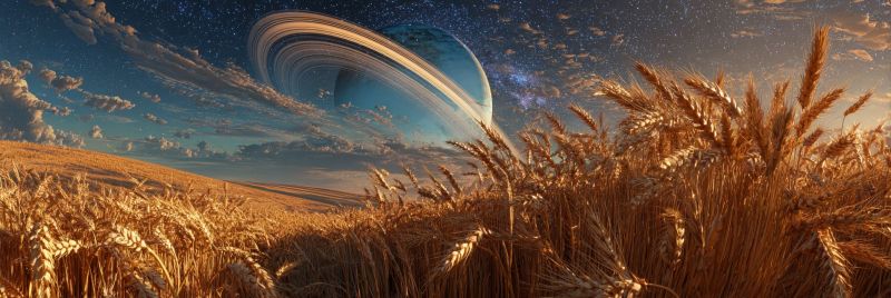 Champ ble grain recolte agriculture ferme nature ciel planete espace astronomie univers cosmos etoile nuage coucher soleil horizon Au premier plan, il y a un vaste champ de blé doré, avec des tiges qui ondoient doucement dans la brise. Le blé est haut et dense, créant une mer de couleur dorée. Le ciel au-dessus est d'un bleu profond, passant à un bleu plus clair à l'approche de l'horizon. En arrière-plan, il y a une scène céleste époustouflante présentant une grande planète avec des anneaux proéminents. La planète est entourée d'un système d'anneaux qui est illuminé par la lumière du soleil, projetant une lueur chaude sur le champ de blé. Le ciel est parsemé d'étoiles, ajoutant à l'atmosphère sereine et irréelle. La scène globale combine la beauté de la nature avec la majesté de l'espace, créant une image captivante et harmonieuse.