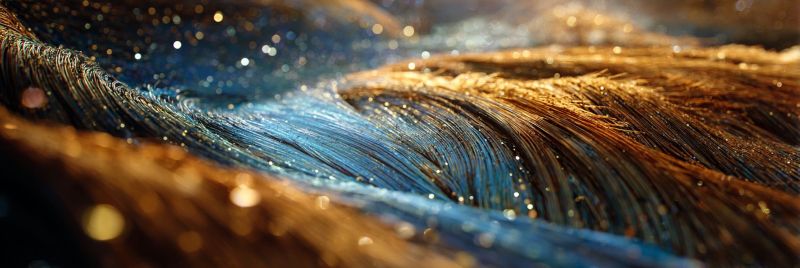 Plume texture design dore bleu etincelle paillette eclat brillant gloss reflexions scintillement scintillant Une vue rapprochée d'une plume avec un mélange de couleurs bleu et brun. La plume a une texture ondulée et semble brillante, avec quelques minuscules particules dorées dispersées dessus. La partie bleue de la plume a un aspect légèrement brillant, tandis que la partie brune a une finition mate. L'image est légèrement floue, lui donnant une qualité rêveuse et éthérée.