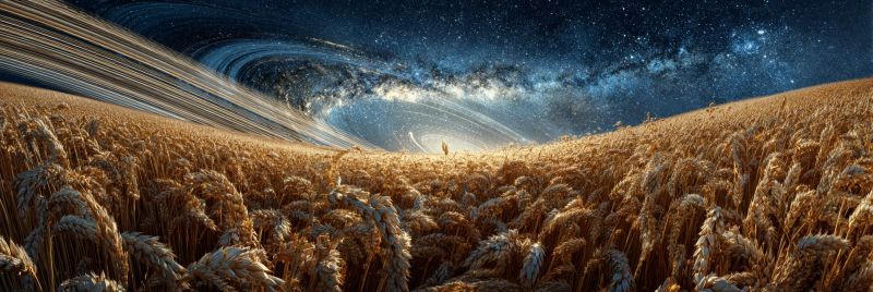 Champ ble nature ciel nuit astronomie galaxie univers cosmos espace celeste etoile Un vaste champ de blé doré sous un ciel nocturne rempli d'étoiles. Le blé est haut et doré, ondulant doucement. Au-dessus du champ de blé, le ciel est d'un bleu profond, parsemé d'innombrables étoiles, et la galaxie de la Voie Lactée est visible, s'étendant à travers le ciel. Au centre de l'image, il y a un élément surréaliste : un grand anneau lumineux, brillant, représentant peut-être un trou de ver ou un portail, avec une lumière vive à son centre. La lumière semble émaner du centre de l'anneau, projetant une douce lueur sur le champ de blé. La scène globale combine la beauté naturelle d'un champ de blé avec le mystère et l'émerveillement de l'exploration spatiale.